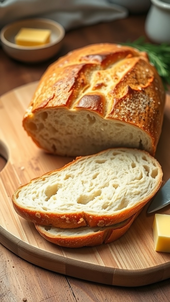 Gluten-Free Dutch Oven Sourdough Bread Recipe A golden-brown loaf of gluten-free sourdough bread on a cutting board, showcasing its soft interior and rustic crust.